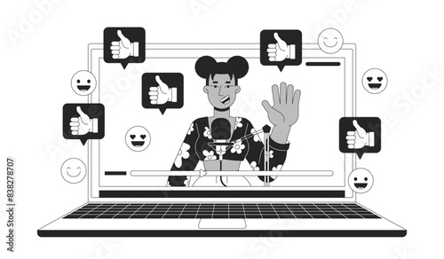 Viral videoblogger black and white 2D illustration concept. African american female podcaster on laptop cartoon outline character isolated on white. Vblog popularity metaphor monochrome vector art