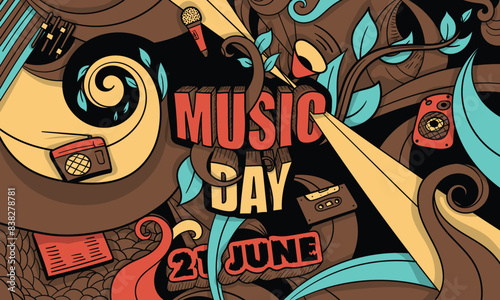 Music Day which celebrated on june 21 with doodle art ornamental and music concept design