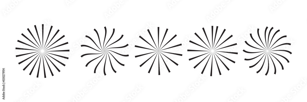 Radial circle lines. Circular lines elements. Symbol of Sun star rays. Flat design elements. Spokes with radiating stripes. Abstract illusion geometric shapes. Radial circle lines. Circular lines elements. Symbol of Sun star rays. Flat design elements. Spokes with radiating stripes. Abstract illusion geometric shapes.