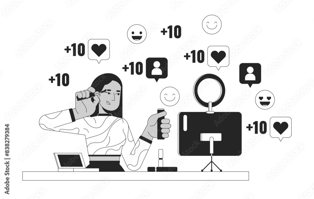 Makeup artist influencer black and white 2D illustration concept. Middle eastern female visagiste applying make cartoon outline character isolated on white. Social media metaphor monochrome vector art Makeup artist influencer black and white 2D illustration concept. Middle eastern female visagiste applying make cartoon outline character isolated on white. Social media metaphor monochrome vector art