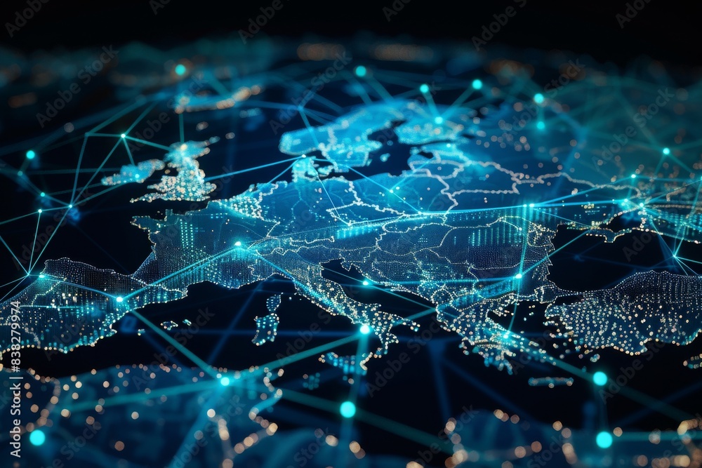 Obraz premium World Wide Web banner with nexus lines, grid, and nodes. Conceptual illustration of technological progress based on generative natural intelligence.