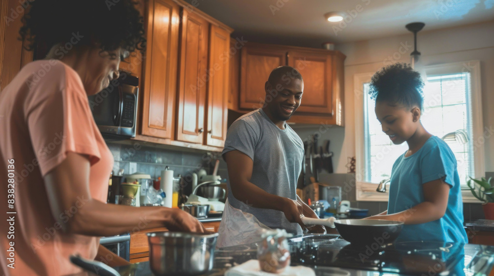 Happy Family Unpacking Kitchen Items in Their New Home, Excited about Settling In Happy Family Unpacking Kitchen Items in Their New Home, Excited about Settling In