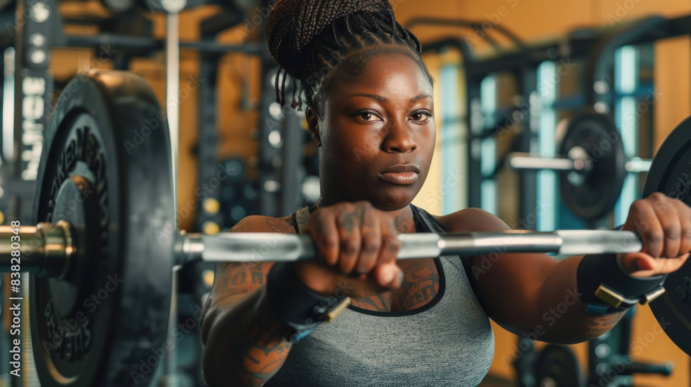 Strong woman with a prosthetic arm lifting weights in a modern gym setting Strong woman with a prosthetic arm lifting weights in a modern gym setting