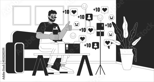 Unboxing video going viral black and white line illustration. African american vlogger unpacking water bottle 2D character monochrome background. Social media popularity outline scene vector image