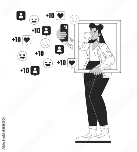 Internet celebrity taking selfie black and white 2D illustration concept. Hispanic young woman holding phone cartoon outline character isolated on white. Go viral metaphor monochrome vector art