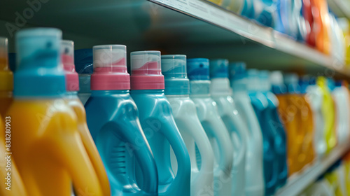Sleek modern bottles of concentrated fabric softener arrayed on shelves, ready for luxuriously soft laundry experience