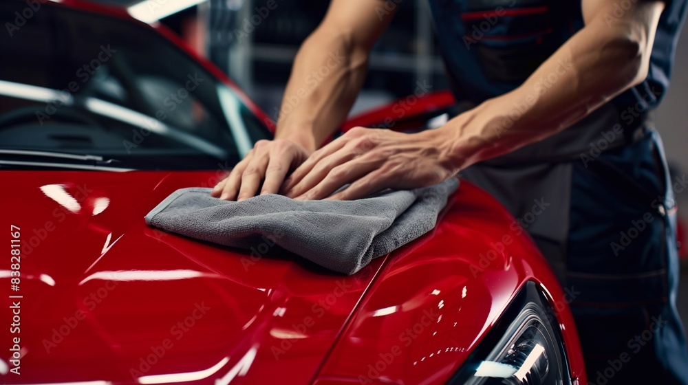 an employee of a car detailing salon polishes a sports business car with special products and cloth. Generative ai an employee of a car detailing salon polishes a sports business car with special products and cloth. Generative ai