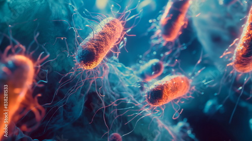 Bacteria inside body, virus of medical microbiology. Macro photographs of bacterial nuclei, pathogenic organism, and cell division