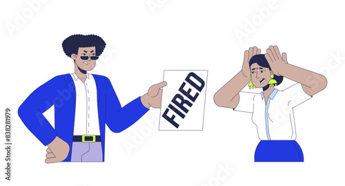 Getting fired line cartoon flat illustration. Losing job. Hispanic male boss dismissing hindu woman 2D lineart characters isolated on white background. Unemployment scene vector color image