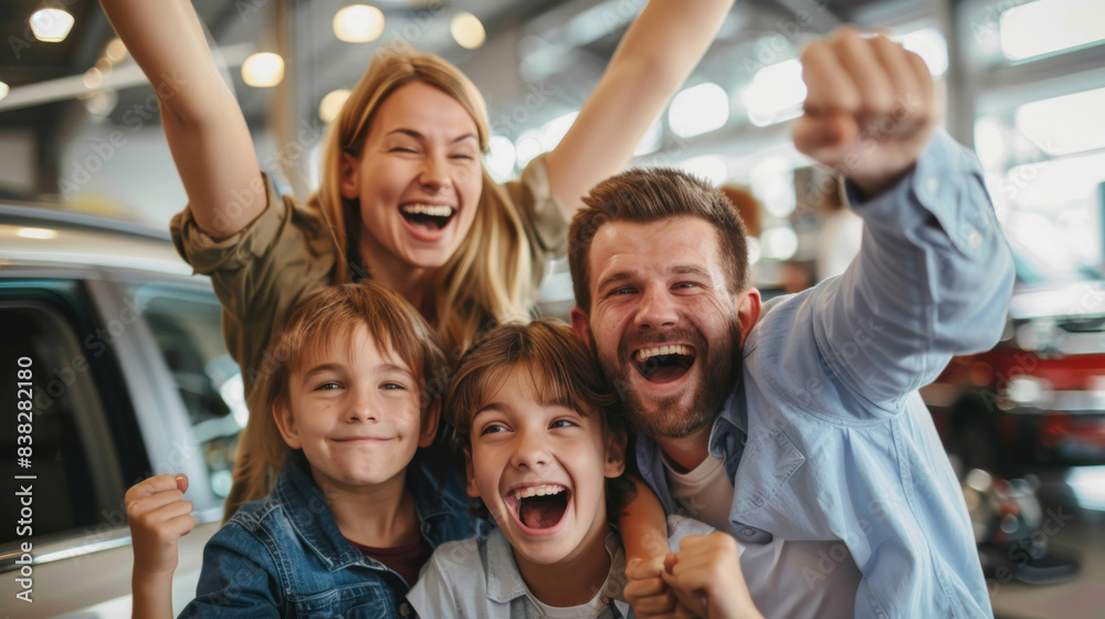 Happy Family Celebrating New Car Purchase Together at the Dealership