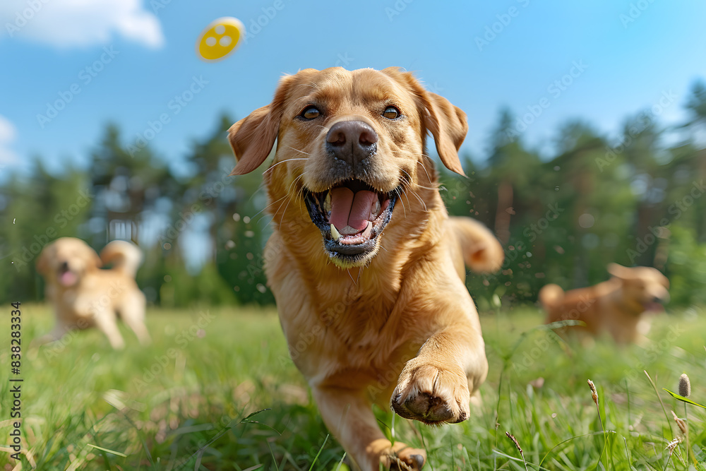 Playful Labrador Retriever catching a frisbee in mid-air. The scene is set in a sunny park with green grass, a few trees in the background, a clear blue sky, and the dog looking excited and energetic.
