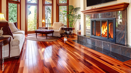 Beautiful living room with hardwood floors and a warm fireplace