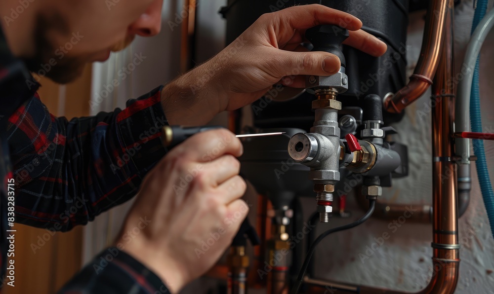 Fototapeta premium A technician focused on fixing or assembling machinery with intricate parts, showcasing manual proficiency.