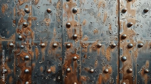 A detailed close-up of corroded and weathered metal panel with visible rivets