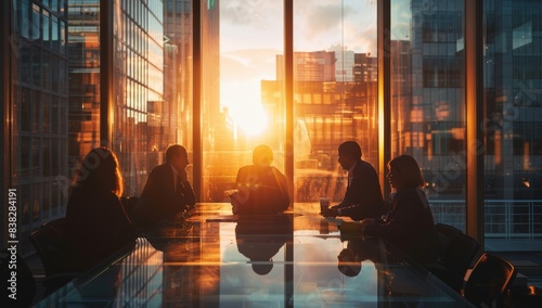 A group of business people in silhouette standing against the backdrop of an illuminated city skyline at sunset  and bokeh creating a dreamy atmosphere  symbolizing unity success work.