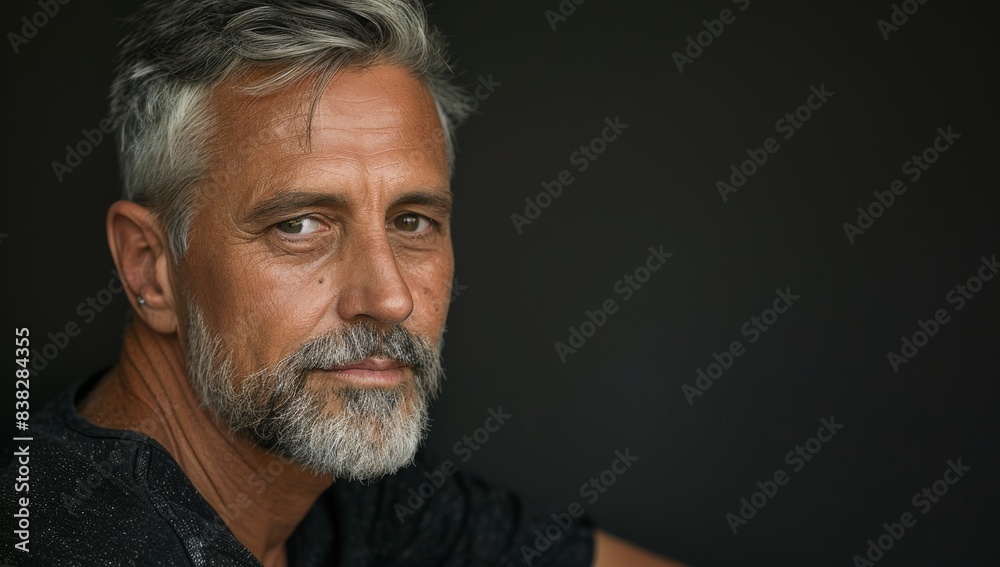 A handsome man with gray hair and a short beard, looking at the camera. mature businessman standing alone against a grey background in the studio and celebrating an achievement A handsome man with gray hair and a short beard, looking at the camera. mature businessman standing alone against a grey background in the studio and celebrating an achievement