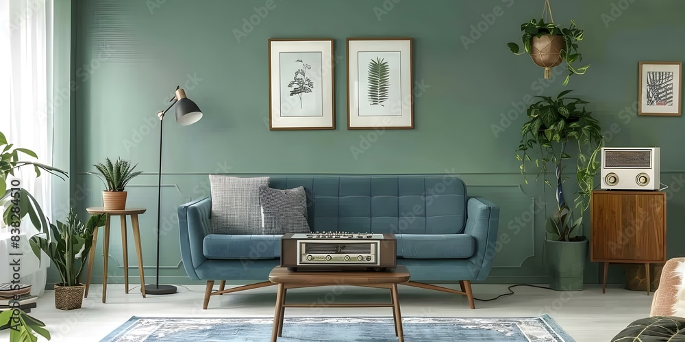 70s style living room with blue sofa radiogram and retro decor. Concept Retro Decor, 70s Style ...