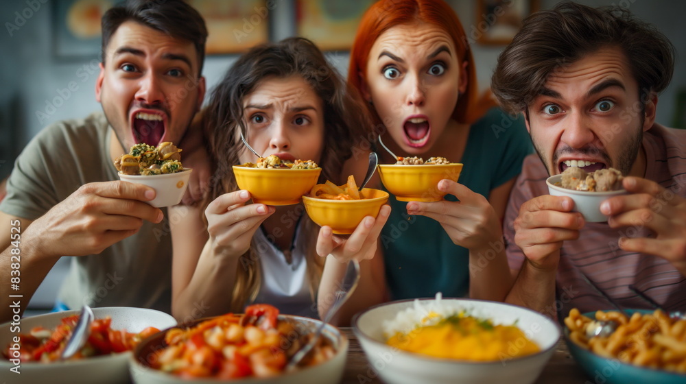 Mixed group of friends tastes food, their expressions ranging from excited to shocked