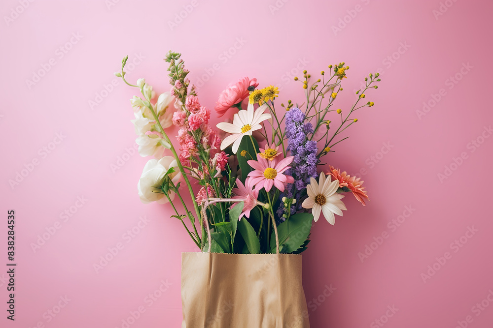 custom made wallpaper toronto digitalBeautiful pink spring flowers in paper bag with place for text. Eco shopping paper bag with pink flowers on pink background.