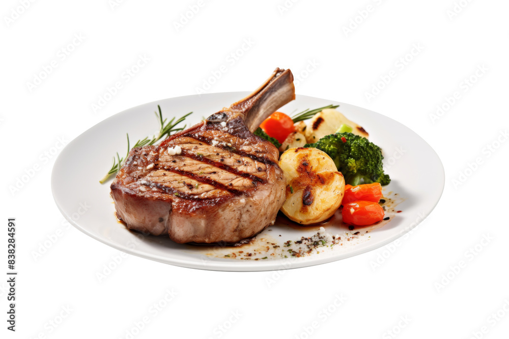 Lamb steak and vegetables grilled on white plate isolated on transparent background. Lamb steak and vegetables grilled on white plate isolated on transparent background.