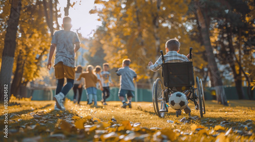 Inclusive Fun: Child in Wheelchair Playing Soccer with Friends in Park