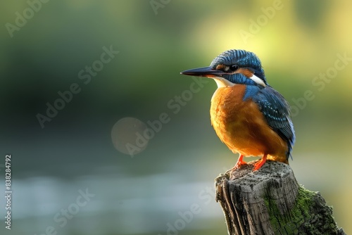 Kingfisher Perched on Tree Stump by Water © Sandris