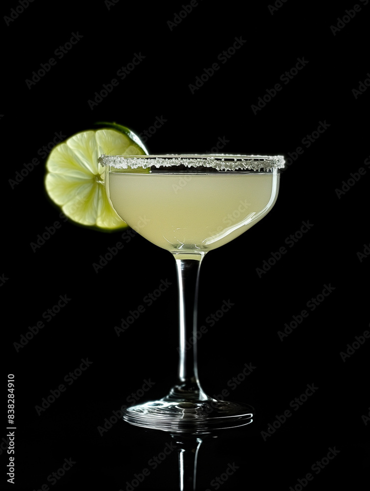 Green drink in a glass with a slice of lime on a black background Green drink in a glass with a slice of lime on a black background