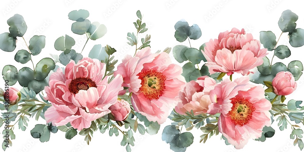 Watercolor floral design with pink flowers eucalyptus and blush peonies. Concept Floral Watercolor Design, Pink Flowers, Eucalyptus, Blush Peonies