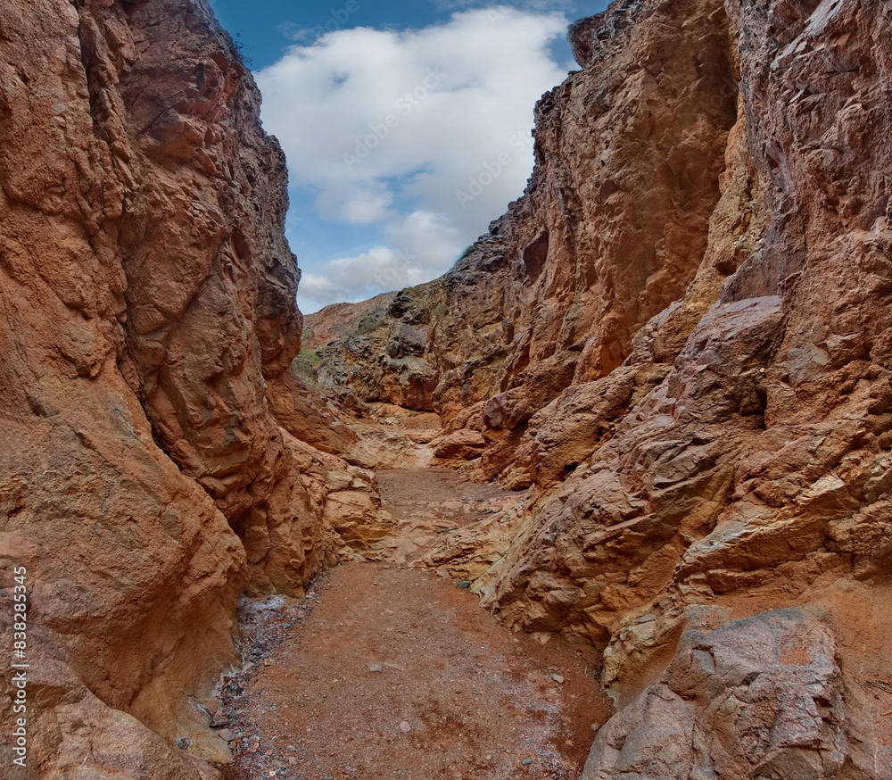 Northern Kyrgyzstan. Picturesque winding trails of the Kok Moinok canyons with red-brown rock along the Chu River.
