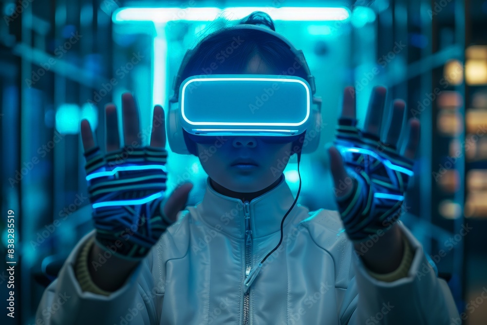 Person Using VR Headset and LED Gloves Person Using VR Headset and LED Gloves