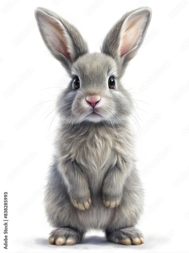 Adorable Grey Bunny Standing on Hind Legs Against a White Background. Generative AI Adorable Grey Bunny Standing on Hind Legs Against a White Background. Generative AI