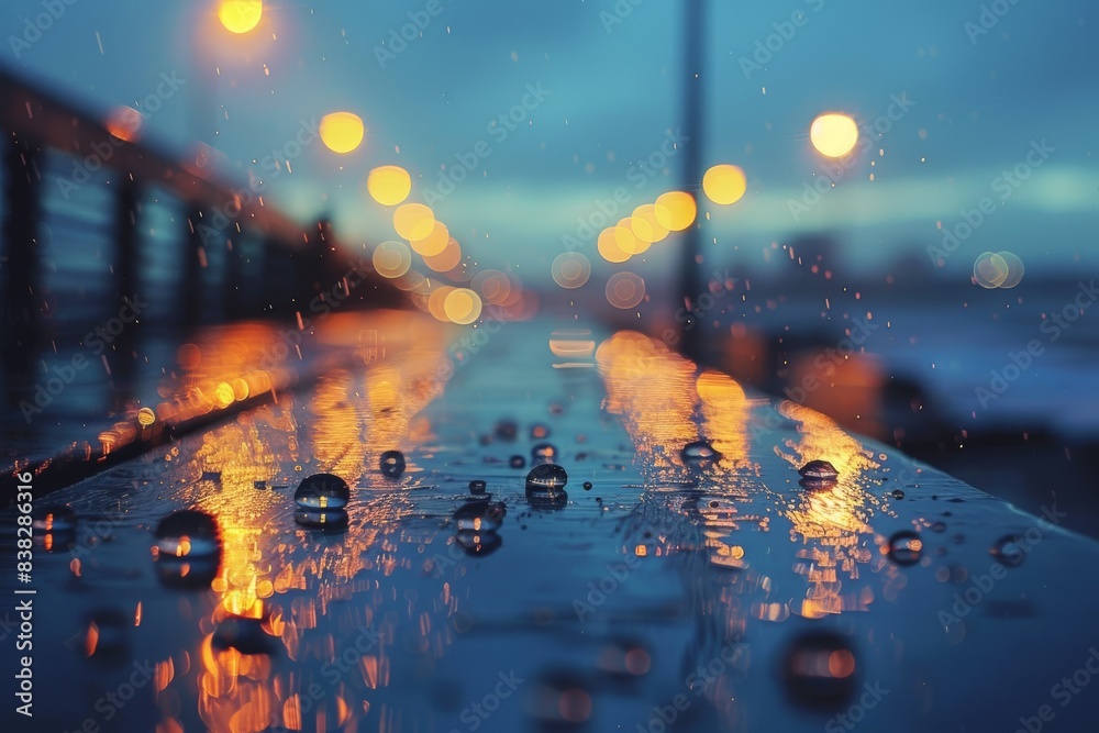 Obraz premium Rainy Night with Reflections and Bokeh Lights