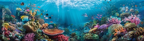 Illustrate a wide-angle view spectrum of a vibrant underwater coral reef  showcasing dynamic marine life movements amidst the serene stillness of the deep sea