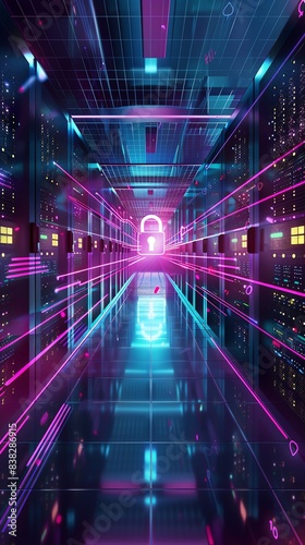 Illustrate a wide-angle view of a sleek server room  showcasing interconnected networks Include a prominent digitally enhanced padlock for data security