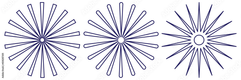 Radial sun burst. Black-white round sunburst icons. Starburst circles. Abstract stripes with center. Sunburst elements isolated on white background. Circular stars eps 10 Radial sun burst. Black-white round sunburst icons. Starburst circles. Abstract stripes with center. Sunburst elements isolated on white background. Circular stars eps 10