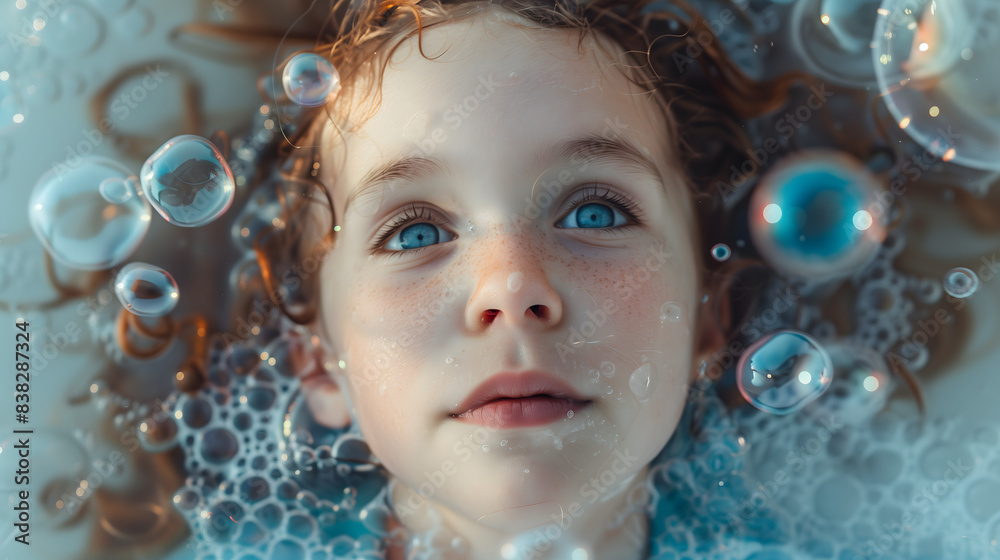 Retrato de un niño jugando con pompas de jabón