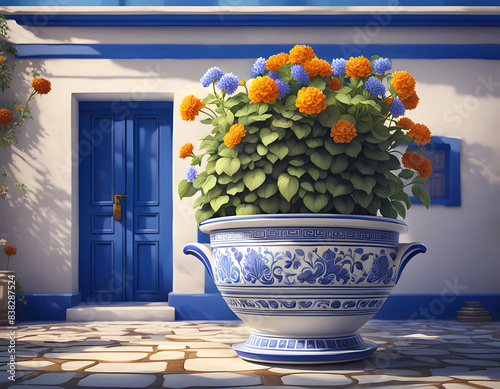 A flowerpot in front of a blue and white Greek house photo