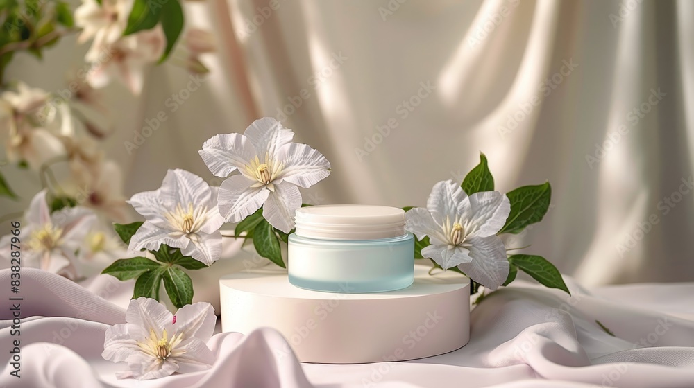 Elegant Skincare Display with Soft Floral Background Elegant Skincare Display with Soft Floral Background