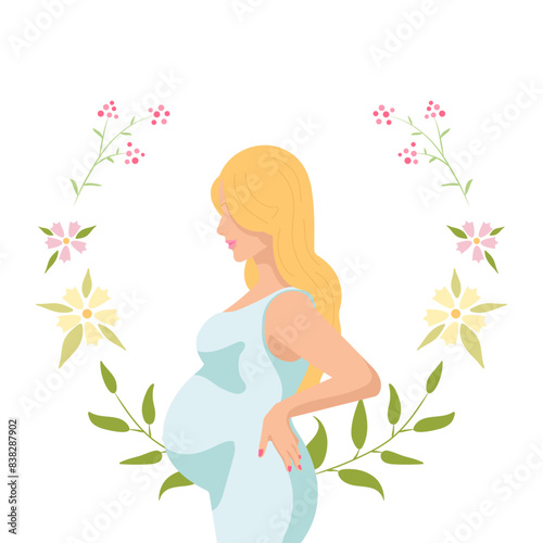 Beautiful pregnant blond woman, blue dress, pink lips in flowets frame on white background for posters, banners, icons, webs