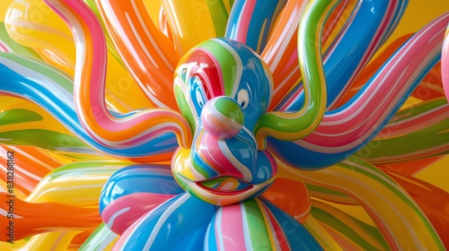 Show a wide-angle view of a colorful, happy balloon animal in a playful, puckered form photo