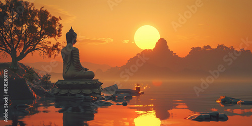 Huge statue of Buddha near river. Beautiful landscape. Sunset time. Banner style. Text space. Outdoor shot photo