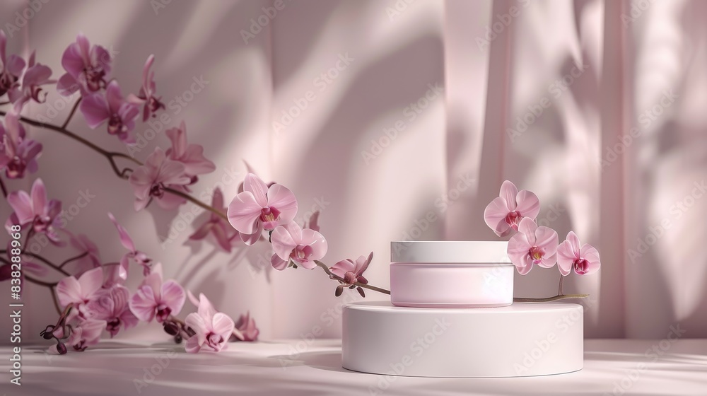 Skincare Display with Delicate Pink Blossoms Skincare Display with Delicate Pink Blossoms