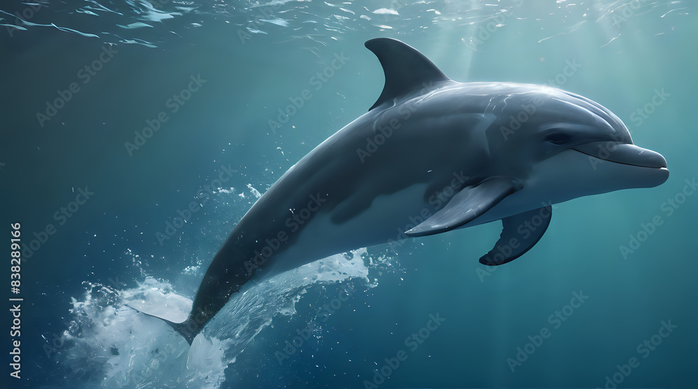 Obraz premium dolphin swimming in the ocean with sun shining through the water