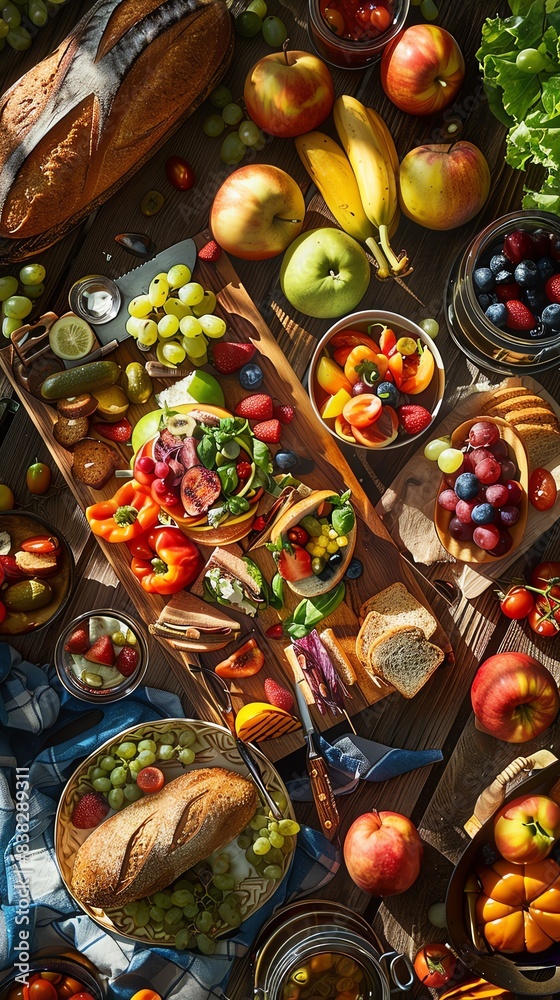 Capture a picnic scene from a dynamic tilted angle view, featuring a rustic wooden table adorned with colorful fruits, sandwiches, and a vintage grill