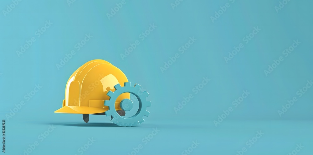Yellow helmet and blue gear icon on turquoise background Yellow helmet and blue gear icon on turquoise background