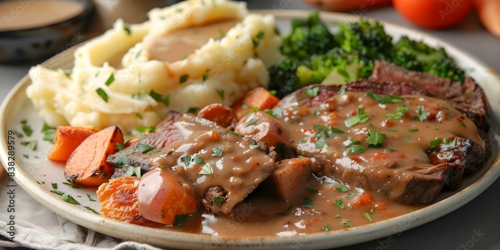 Sunday roast beef mashed potatoes vegetables and gravy on a plate. Concept Food Photography, Sunday Dinner, Roast Beef, Comfort Food, Homemade Gravy Sunday roast beef mashed potatoes vegetables and gravy on a plate. Concept Food Photography, Sunday Dinner, Roast Beef, Comfort Food, Homemade Gravy