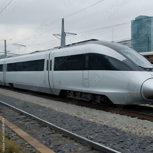 a train on the tracks in front of a building