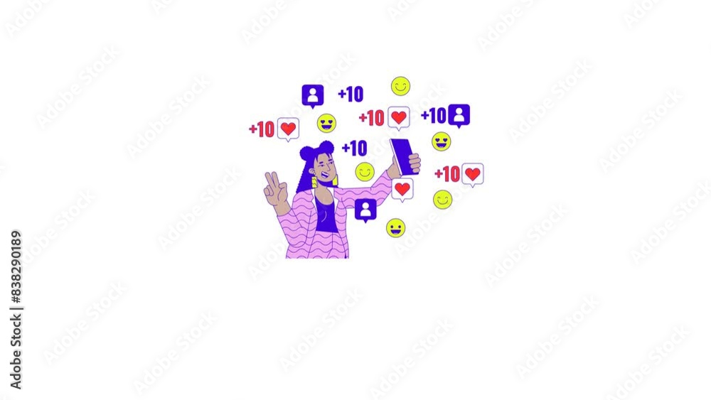 Blogger posing on phone camera for followers line 2D character animation. Gen z flat color cartoon 4K video, alpha channel. Stylish latina woman victory fingers animated person on white background Blogger posing on phone camera for followers line 2D character animation. Gen z flat color cartoon 4K video, alpha channel. Stylish latina woman victory fingers animated person on white background