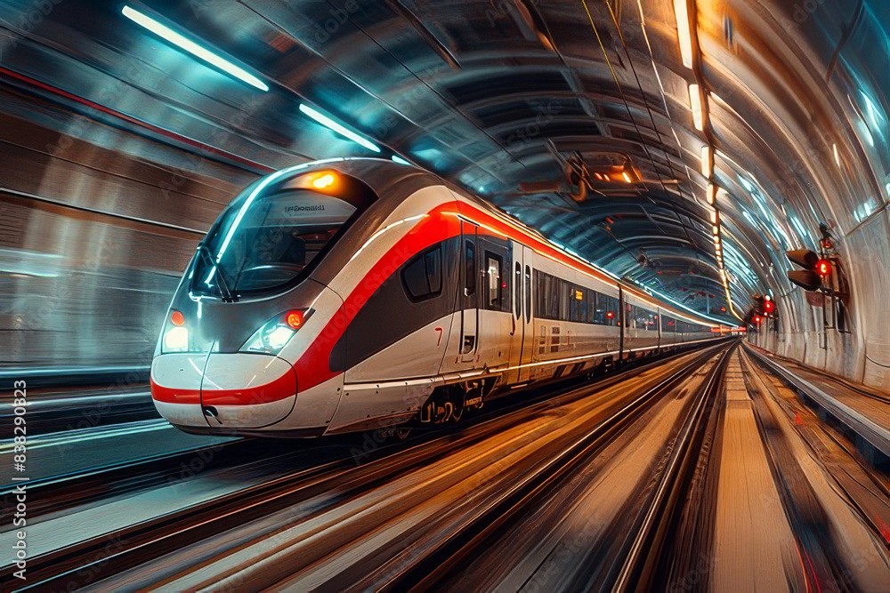 Fototapeta premium Modern High-Speed Train Traveling Through a Tunnel at Night