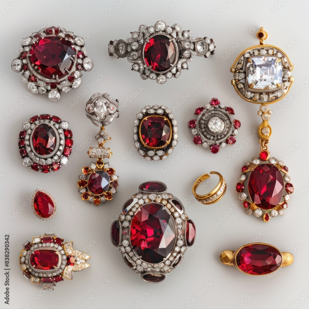 Image of jewelry, diamonds, rubies, gold, silver on a clear white background. Image of jewelry, diamonds, rubies, gold, silver on a clear white background.